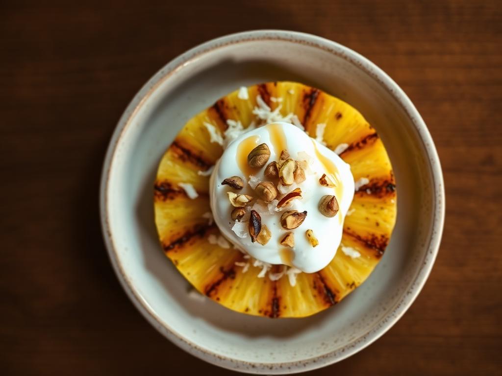 Ananas rôti à la cannelle, yaourt coco & pistaches
