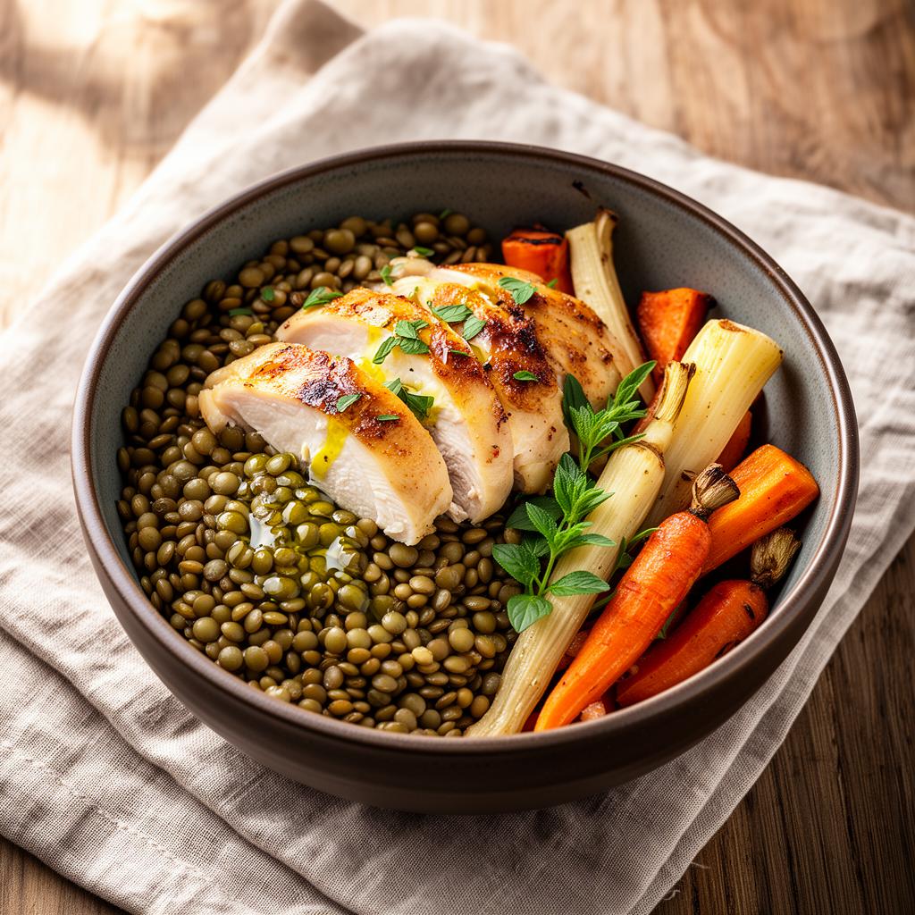 Bowl chaud de lentilles, poulet rôti & légumes racines