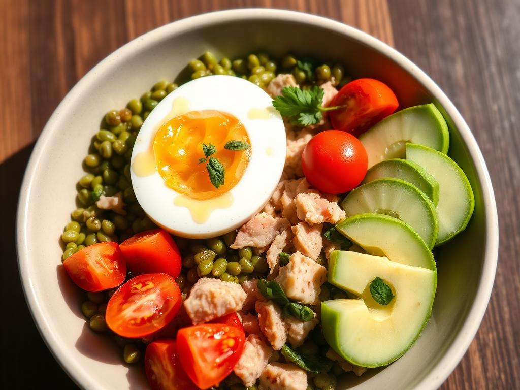 Bowl lentilles, thon, œuf mollet & crudités