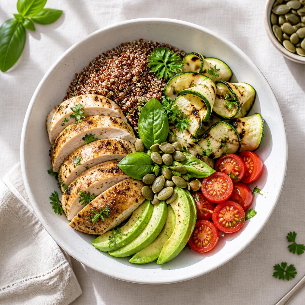 Bowl estival de poulet rôti, quinoa rouge & courgettes grillées