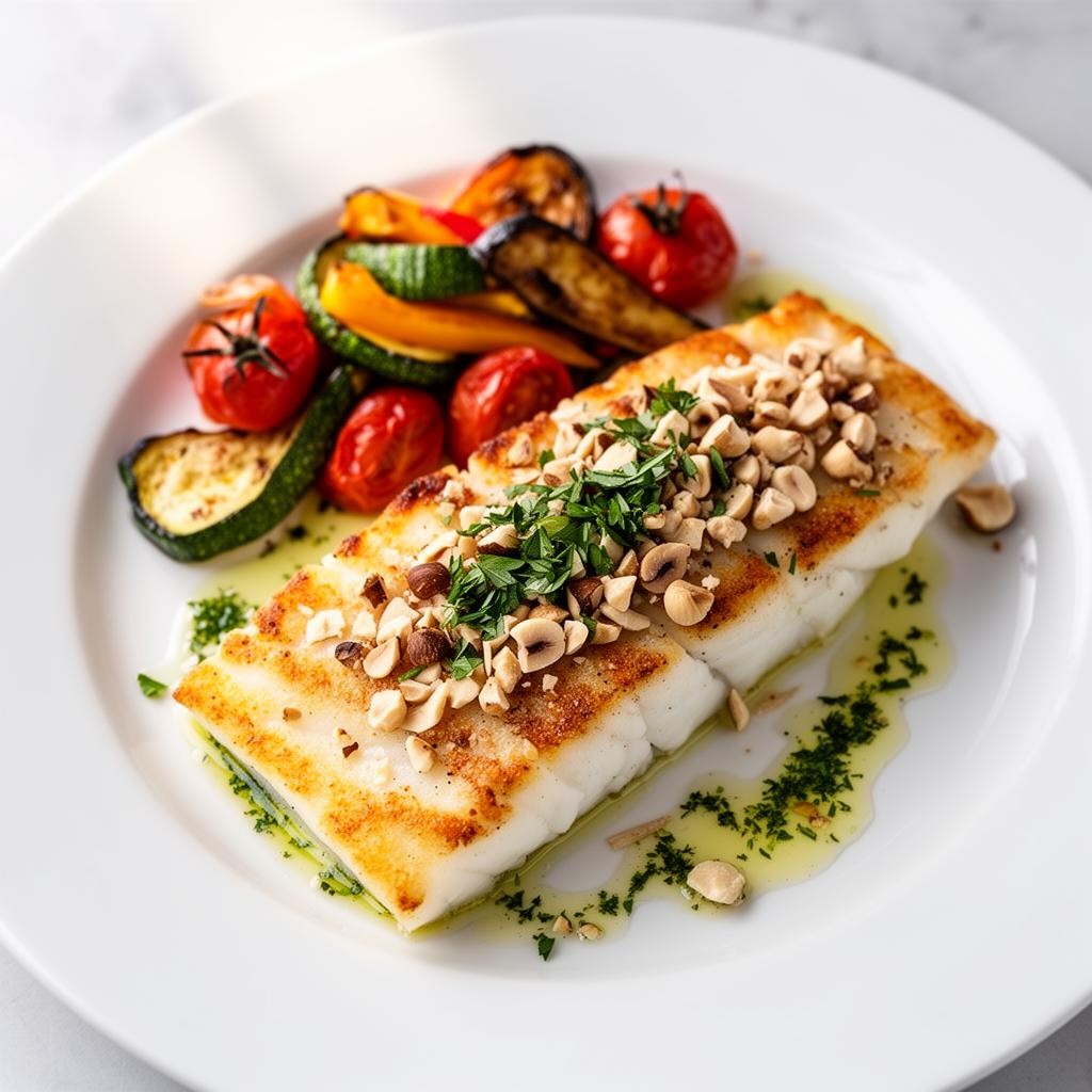 Cabillaud en croûte de noisettes, légumes rôtis