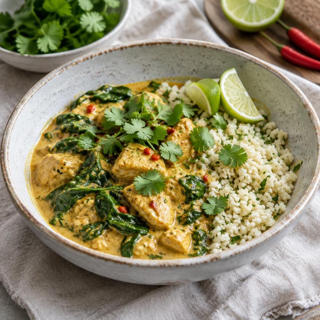 Curry de poulet au lait de coco, épinards & riz de chou-fleur