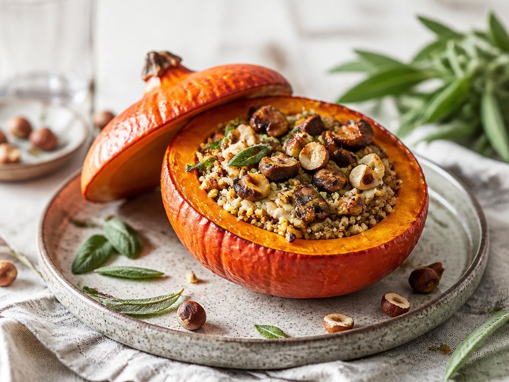 Potimarron farci au quinoa, champignons & noisettes