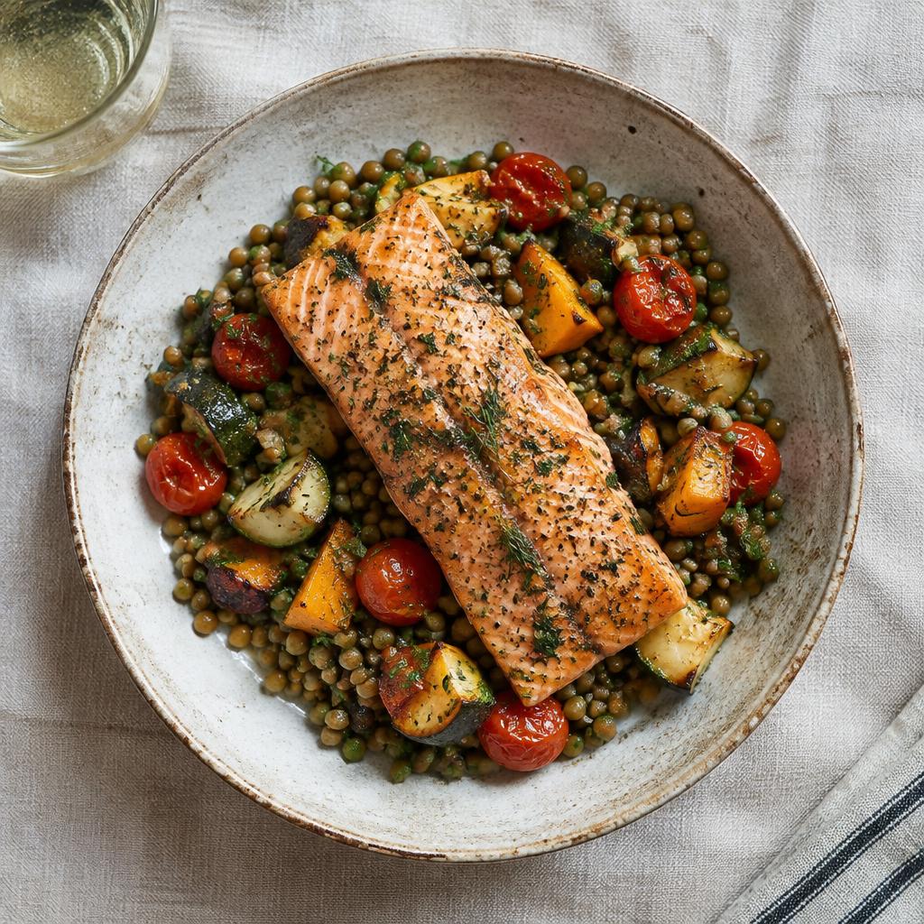 Saumon aux herbes, lentilles vertes & légumes rôtis